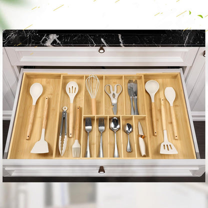 Silverware Organizer for Cabinet Drawer, Expandable from 16.7'' to 30'' Wide Bamboo Wood Flatware Tray for Large Kitchen Drawers, Cutlery Utensil Holder