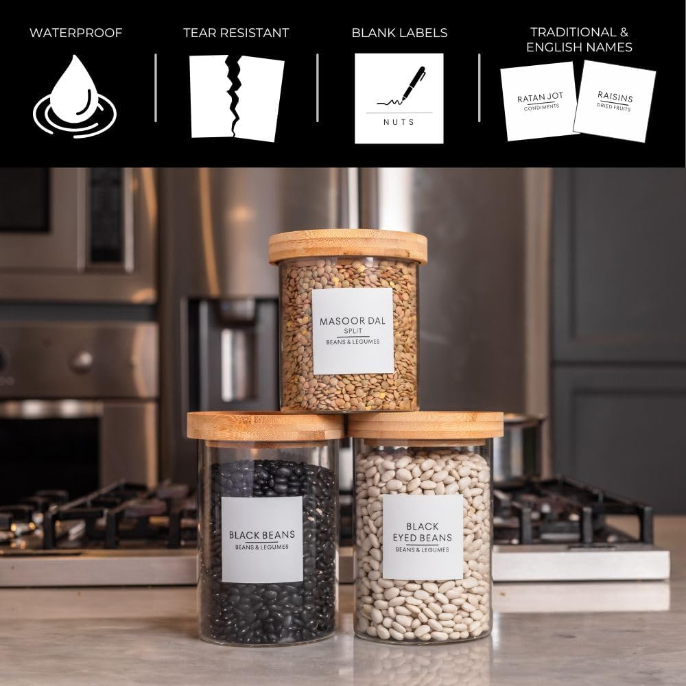 Pantry Label Stickers Including South Asian, Indian Essentials for Food Containers & Storage Organization and Expiration Labels for Kitchen Pantry (White, 2.5 by 2.5)