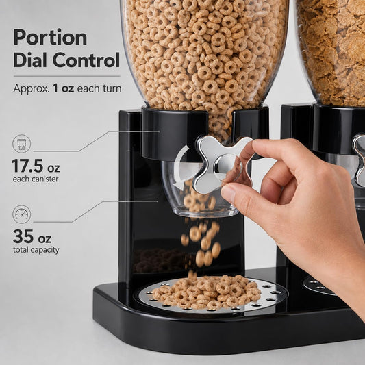 Double Dry Food Dispenser, 17.5Oz Capacity Each, Dry Cereal Grain Dispenser, Keeps Ingredients Fresh