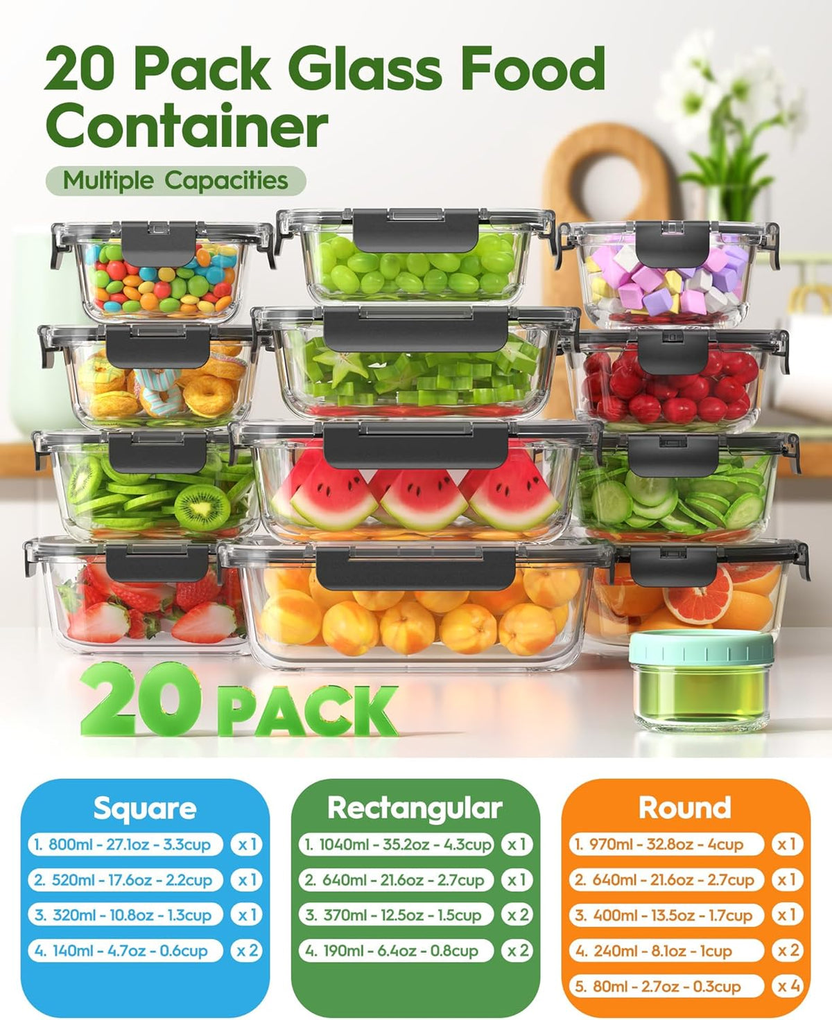 40 Piece Glass Food Storage Containers with Airtight Lids