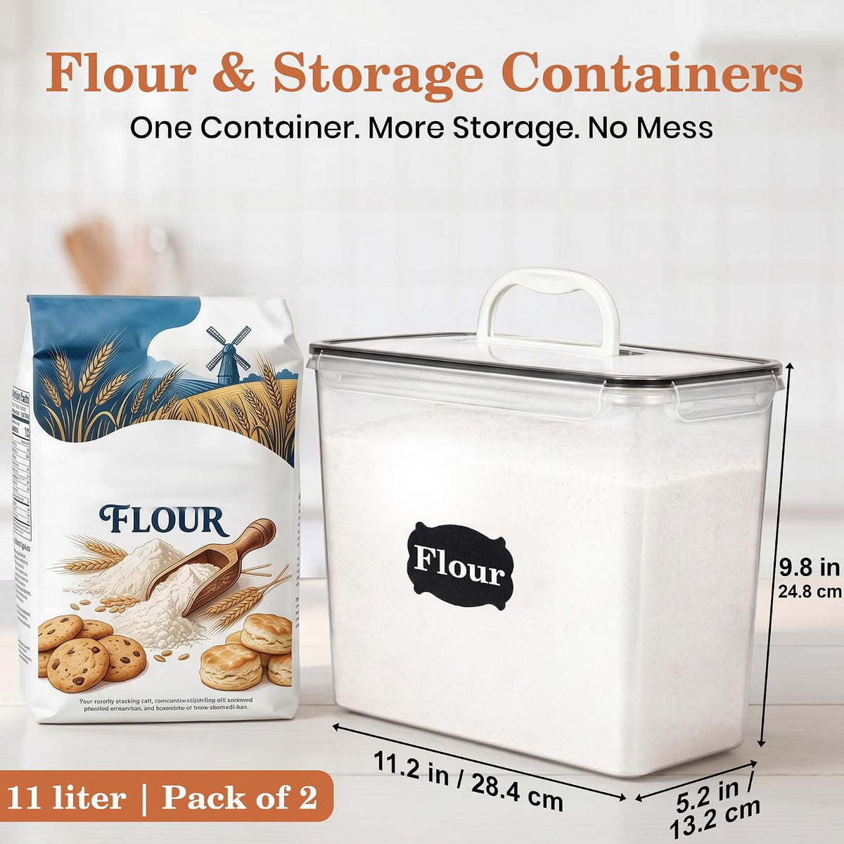 Extra Large Flour Sugar Storage Containers Set – 11L | 372oz Airtight Flour Container with Easy Carry Handle, BPA-Free, Flour and Sugar Containers, Pantry Kitchen Canisters, Fits 14 lbs Flour