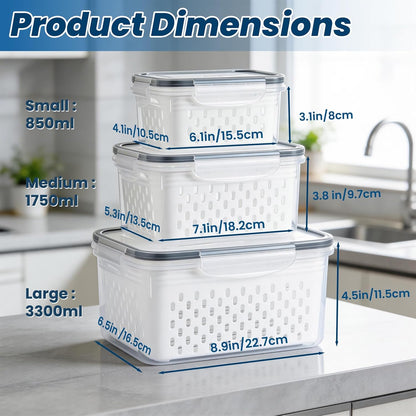 3 Pack Fruit Storage Containers for Fridge with Lids Organizers Basket Refrigerator Colander Kitchen Strainers and Colanders Vegetable Produce Food Glass Washer Airtight Lettuce Keeper Salad