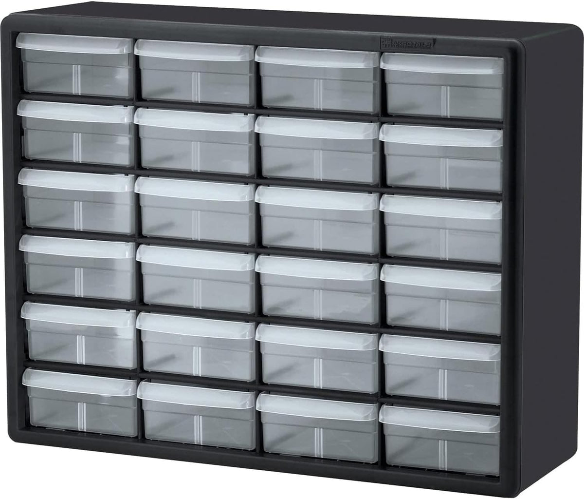 24-Drawer Plastic Storage Cabinet, 20" W x 6" D x 16" H, Black | Plastic Cabinet w/ Drawers for Garage Organization, Beads, Building Bricks Storage, Teacher Toolbox, Makeup Organizer, 10124