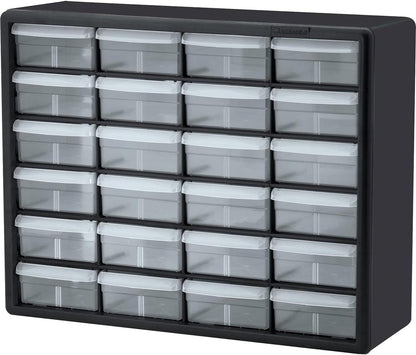 24-Drawer Plastic Storage Cabinet, 20" W x 6" D x 16" H, Black | Plastic Cabinet w/ Drawers for Garage Organization, Beads, Building Bricks Storage, Teacher Toolbox, Makeup Organizer, 10124