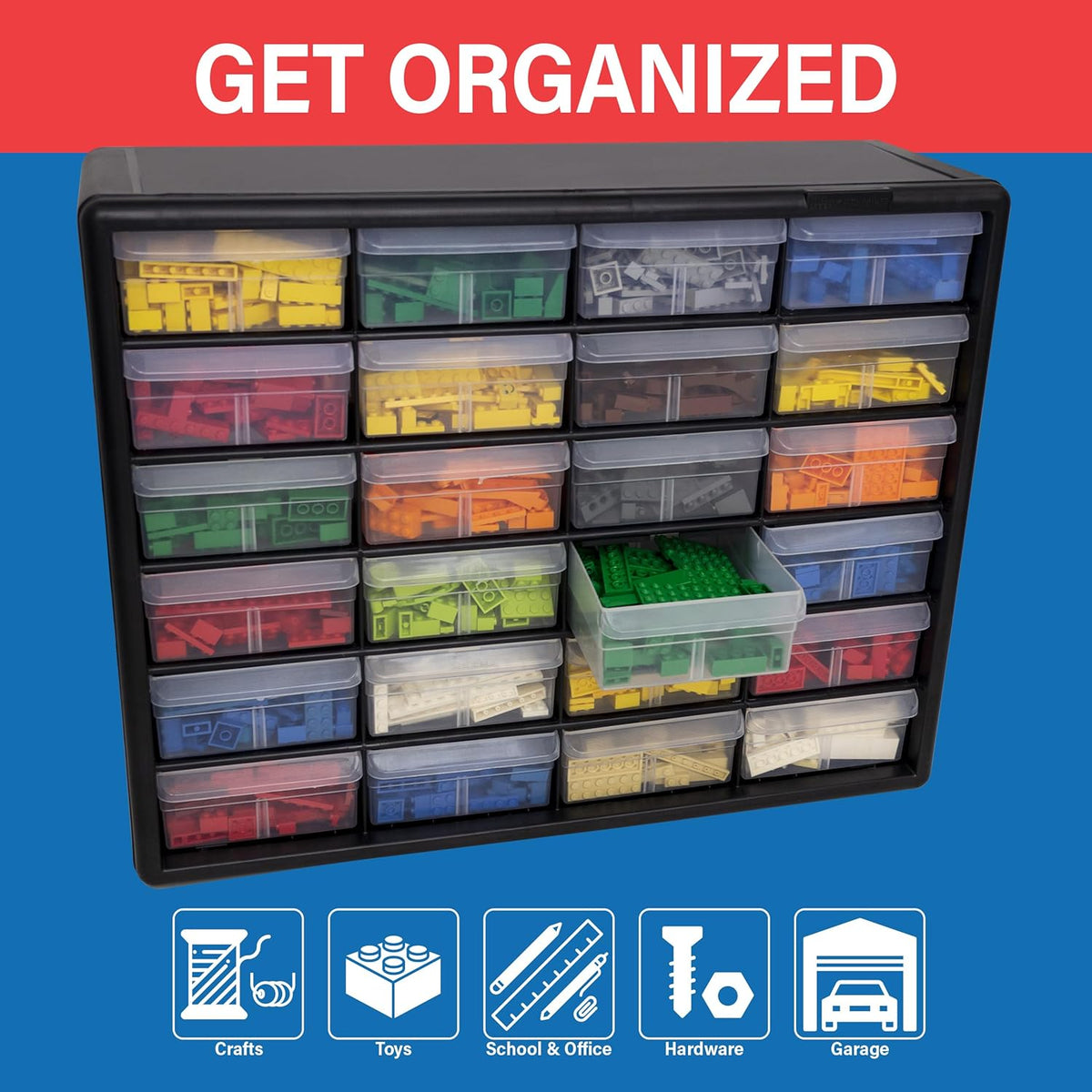 24-Drawer Plastic Storage Cabinet, 20" W x 6" D x 16" H, Black | Plastic Cabinet w/ Drawers for Garage Organization, Beads, Building Bricks Storage, Teacher Toolbox, Makeup Organizer, 10124