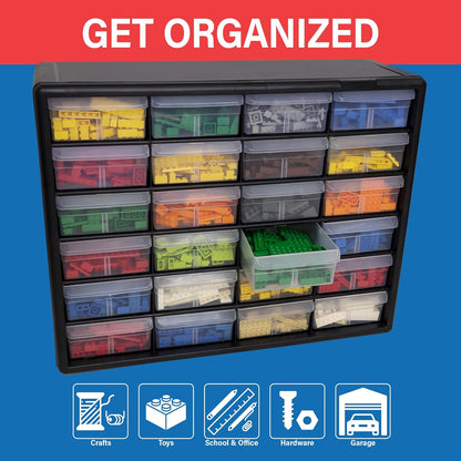 24-Drawer Plastic Storage Cabinet, 20" W x 6" D x 16" H, Black | Plastic Cabinet w/ Drawers for Garage Organization, Beads, Building Bricks Storage, Teacher Toolbox, Makeup Organizer, 10124