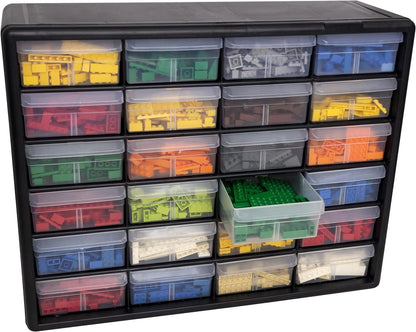24-Drawer Plastic Storage Cabinet, 20" W x 6" D x 16" H, Black | Plastic Cabinet w/ Drawers for Garage Organization, Beads, Building Bricks Storage, Teacher Toolbox, Makeup Organizer, 10124
