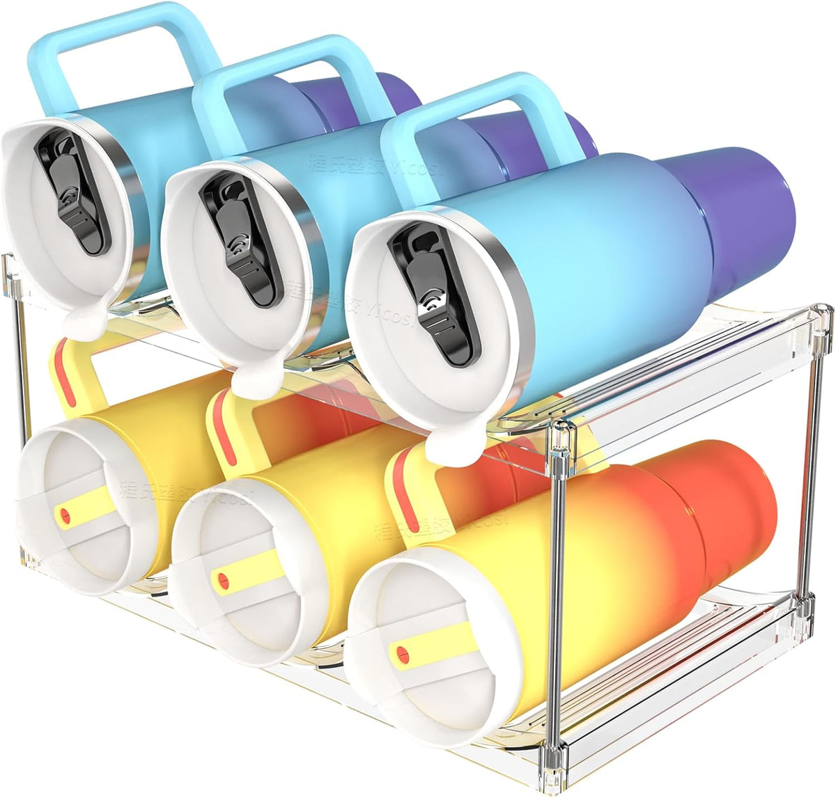 3 Tier Waterbottle Organizer for Cabinet - Large Compartment Stackable Water Bottle Holder and Wine Bottle Rack,Acrylic Water Bottle Organizer Rack for 40 oz Stanley Cup,Yeti and Tumbler Shelf