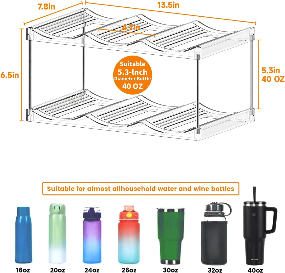 3 Tier Waterbottle Organizer for Cabinet - Large Compartment Stackable Water Bottle Holder and Wine Bottle Rack,Acrylic Water Bottle Organizer Rack for 40 oz Stanley Cup,Yeti and Tumbler Shelf
