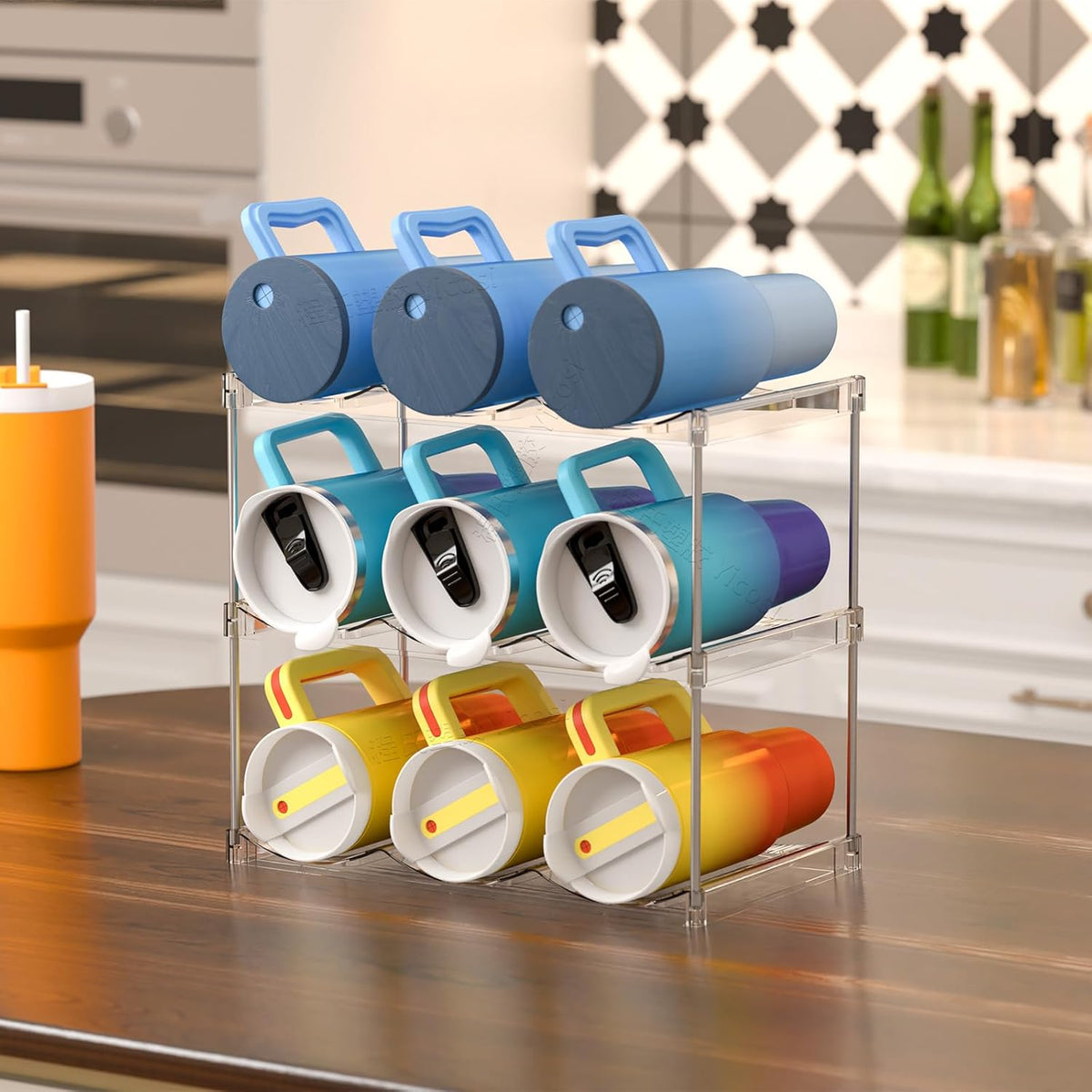 3 Tier Waterbottle Organizer for Cabinet - Large Compartment Stackable Water Bottle Holder and Wine Bottle Rack,Acrylic Water Bottle Organizer Rack for 40 oz Stanley Cup,Yeti and Tumbler Shelf