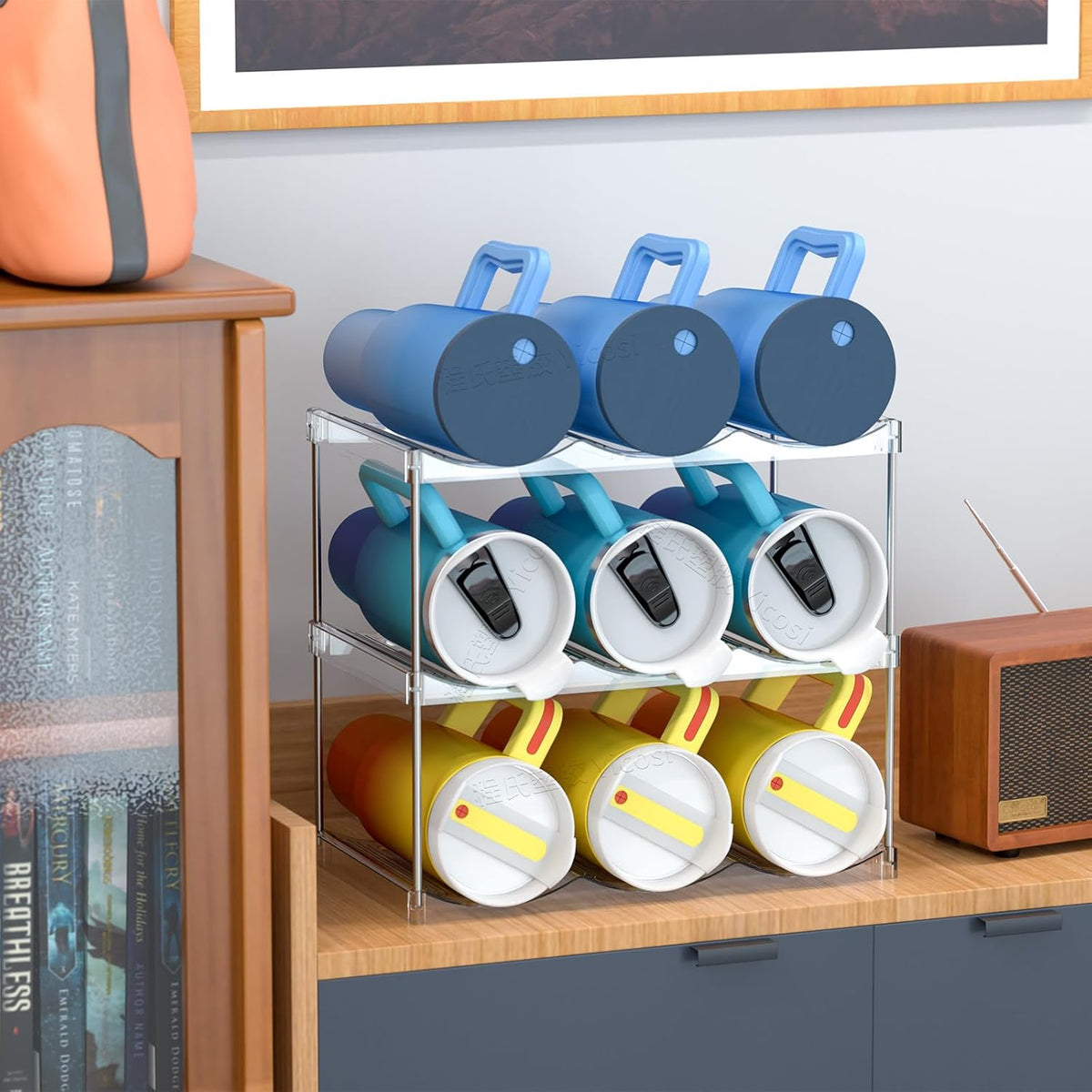 3 Tier Waterbottle Organizer for Cabinet - Large Compartment Stackable Water Bottle Holder and Wine Bottle Rack,Acrylic Water Bottle Organizer Rack for 40 oz Stanley Cup,Yeti and Tumbler Shelf