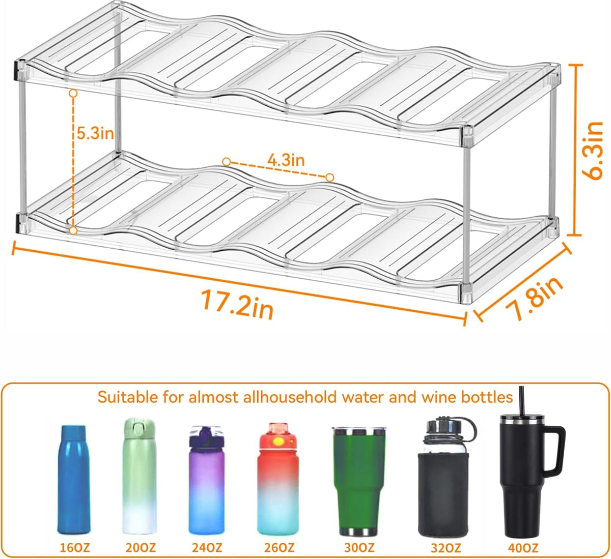 3 Tier Waterbottle Organizer for Cabinet - Large Compartment Stackable Water Bottle Holder and Wine Bottle Rack,Acrylic Water Bottle Organizer Rack for 40 oz Stanley Cup,Yeti and Tumbler Shelf