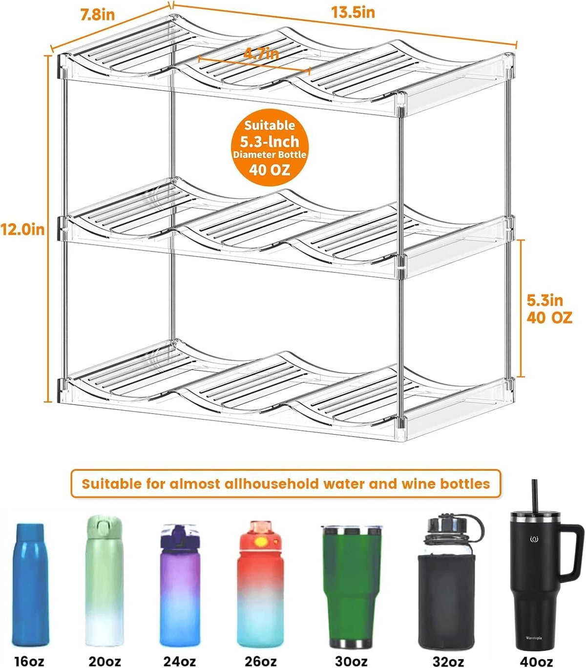 3 Tier Waterbottle Organizer for Cabinet - Large Compartment Stackable Water Bottle Holder and Wine Bottle Rack,Acrylic Water Bottle Organizer Rack for 40 oz Stanley Cup,Yeti and Tumbler Shelf