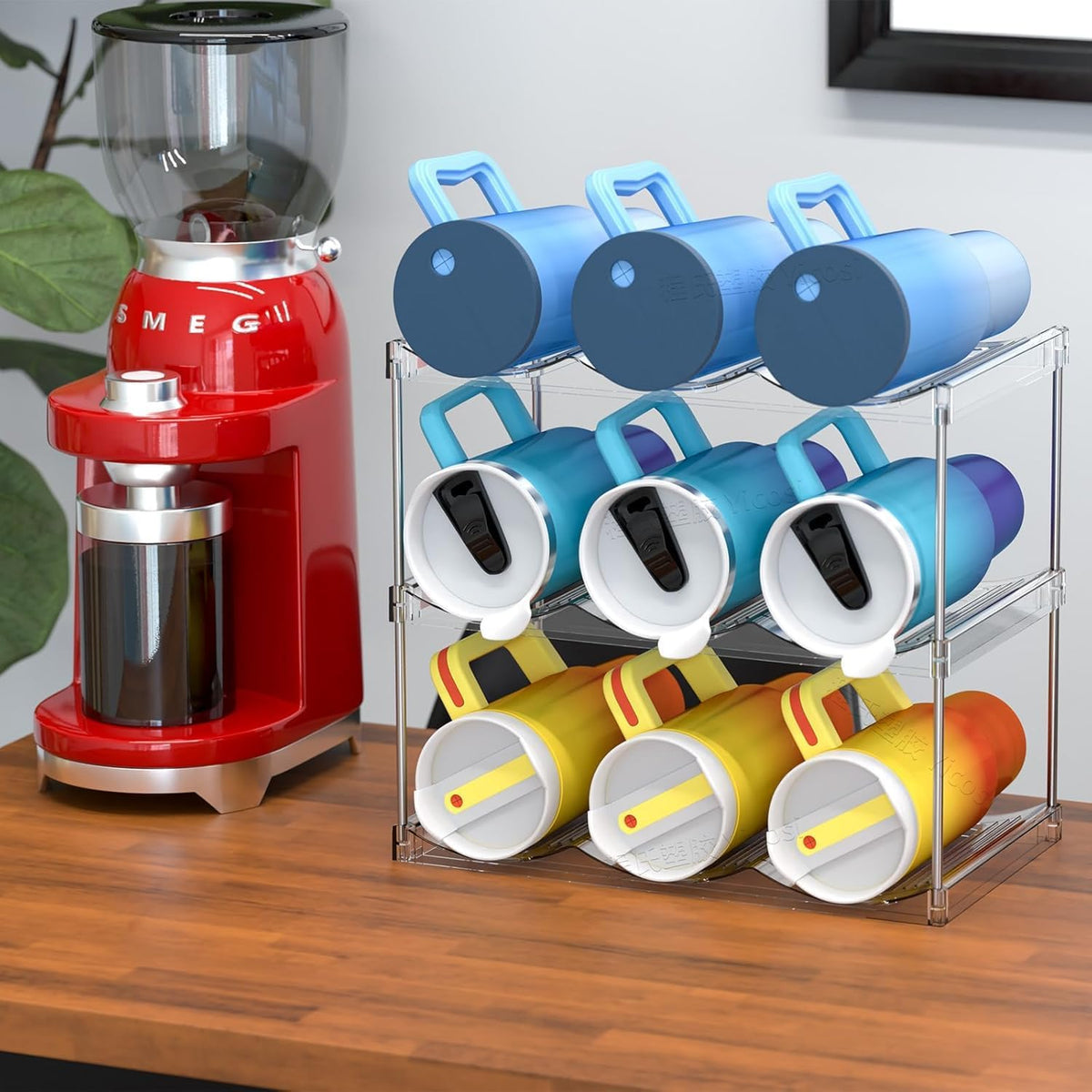 3 Tier Waterbottle Organizer for Cabinet - Large Compartment Stackable Water Bottle Holder and Wine Bottle Rack,Acrylic Water Bottle Organizer Rack for 40 oz Stanley Cup,Yeti and Tumbler Shelf