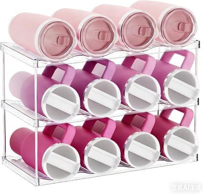 3 Tier Waterbottle Organizer for Cabinet - Large Compartment Stackable Water Bottle Holder and Wine Bottle Rack,Acrylic Water Bottle Organizer Rack for 40 oz Stanley Cup,Yeti and Tumbler Shelf