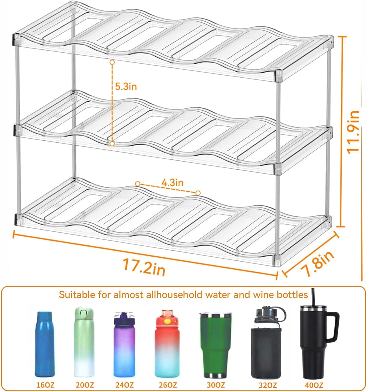 3 Tier Waterbottle Organizer for Cabinet - Large Compartment Stackable Water Bottle Holder and Wine Bottle Rack,Acrylic Water Bottle Organizer Rack for 40 oz Stanley Cup,Yeti and Tumbler Shelf