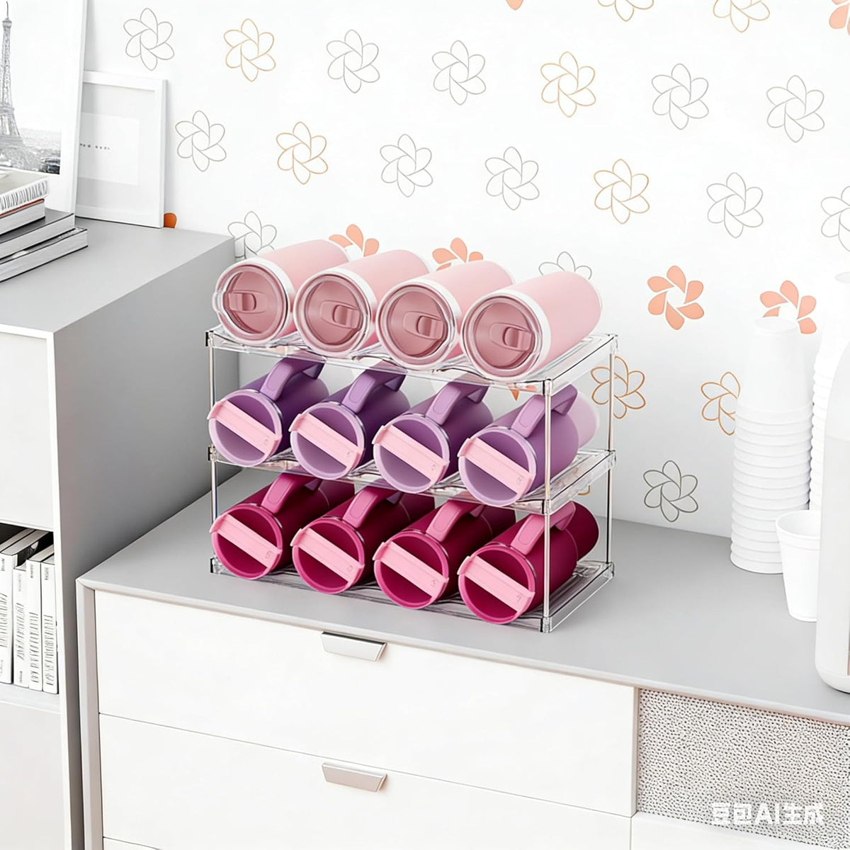 3 Tier Waterbottle Organizer for Cabinet - Large Compartment Stackable Water Bottle Holder and Wine Bottle Rack,Acrylic Water Bottle Organizer Rack for 40 oz Stanley Cup,Yeti and Tumbler Shelf