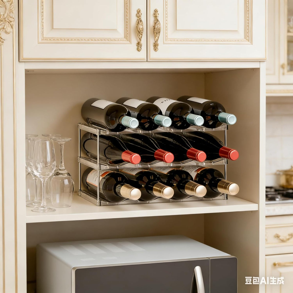 3 Tier Waterbottle Organizer for Cabinet - Large Compartment Stackable Water Bottle Holder and Wine Bottle Rack,Acrylic Water Bottle Organizer Rack for 40 oz Stanley Cup,Yeti and Tumbler Shelf