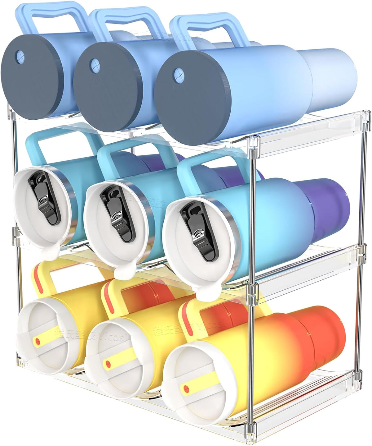 3 Tier Waterbottle Organizer for Cabinet - Large Compartment Stackable Water Bottle Holder and Wine Bottle Rack,Acrylic Water Bottle Organizer Rack for 40 oz Stanley Cup,Yeti and Tumbler Shelf