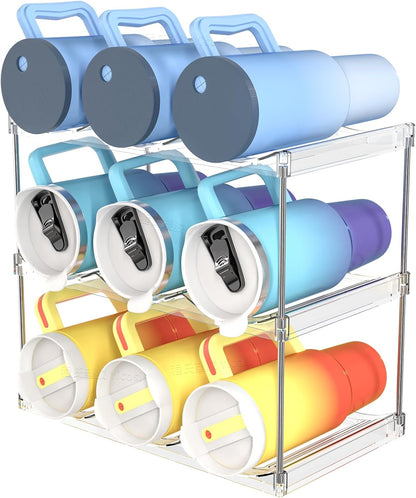 3 Tier Waterbottle Organizer for Cabinet - Large Compartment Stackable Water Bottle Holder and Wine Bottle Rack,Acrylic Water Bottle Organizer Rack for 40 oz Stanley Cup,Yeti and Tumbler Shelf