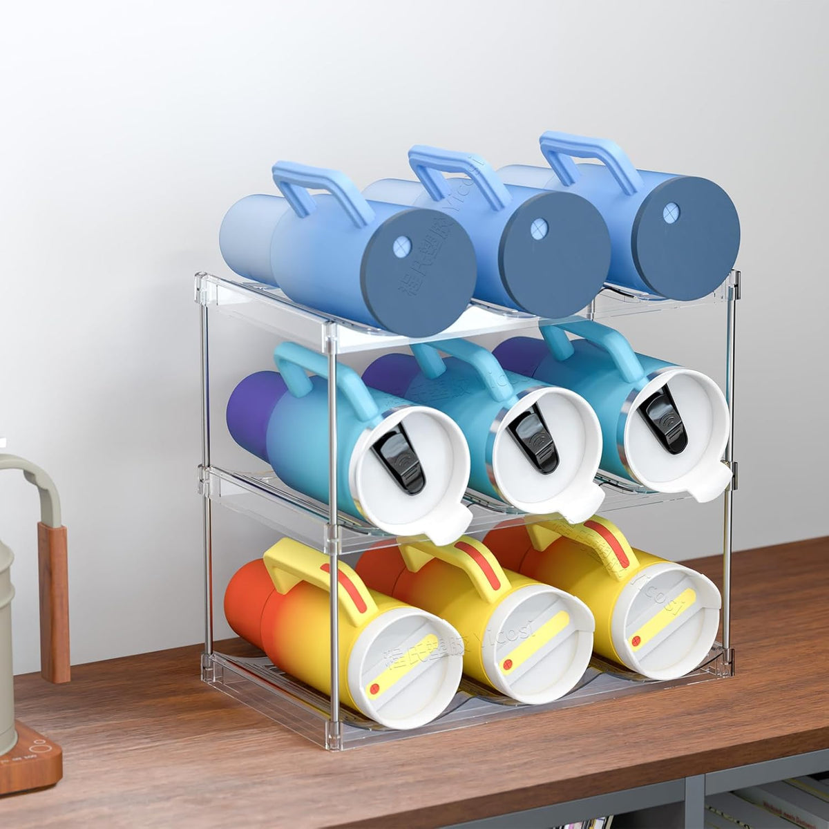 3 Tier Waterbottle Organizer for Cabinet - Large Compartment Stackable Water Bottle Holder and Wine Bottle Rack,Acrylic Water Bottle Organizer Rack for 40 oz Stanley Cup,Yeti and Tumbler Shelf