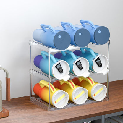 3 Tier Waterbottle Organizer for Cabinet - Large Compartment Stackable Water Bottle Holder and Wine Bottle Rack,Acrylic Water Bottle Organizer Rack for 40 oz Stanley Cup,Yeti and Tumbler Shelf