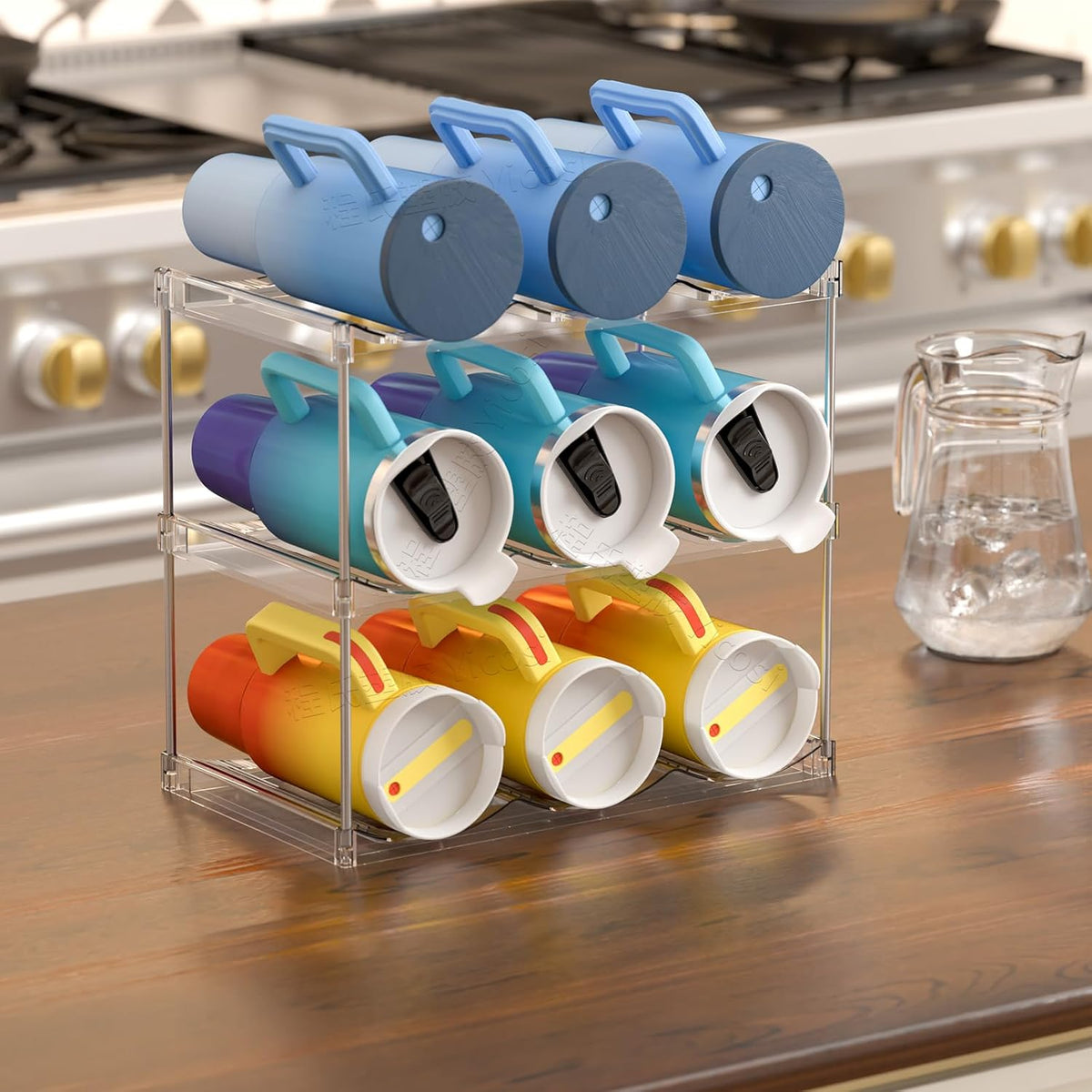 3 Tier Waterbottle Organizer for Cabinet - Large Compartment Stackable Water Bottle Holder and Wine Bottle Rack,Acrylic Water Bottle Organizer Rack for 40 oz Stanley Cup,Yeti and Tumbler Shelf
