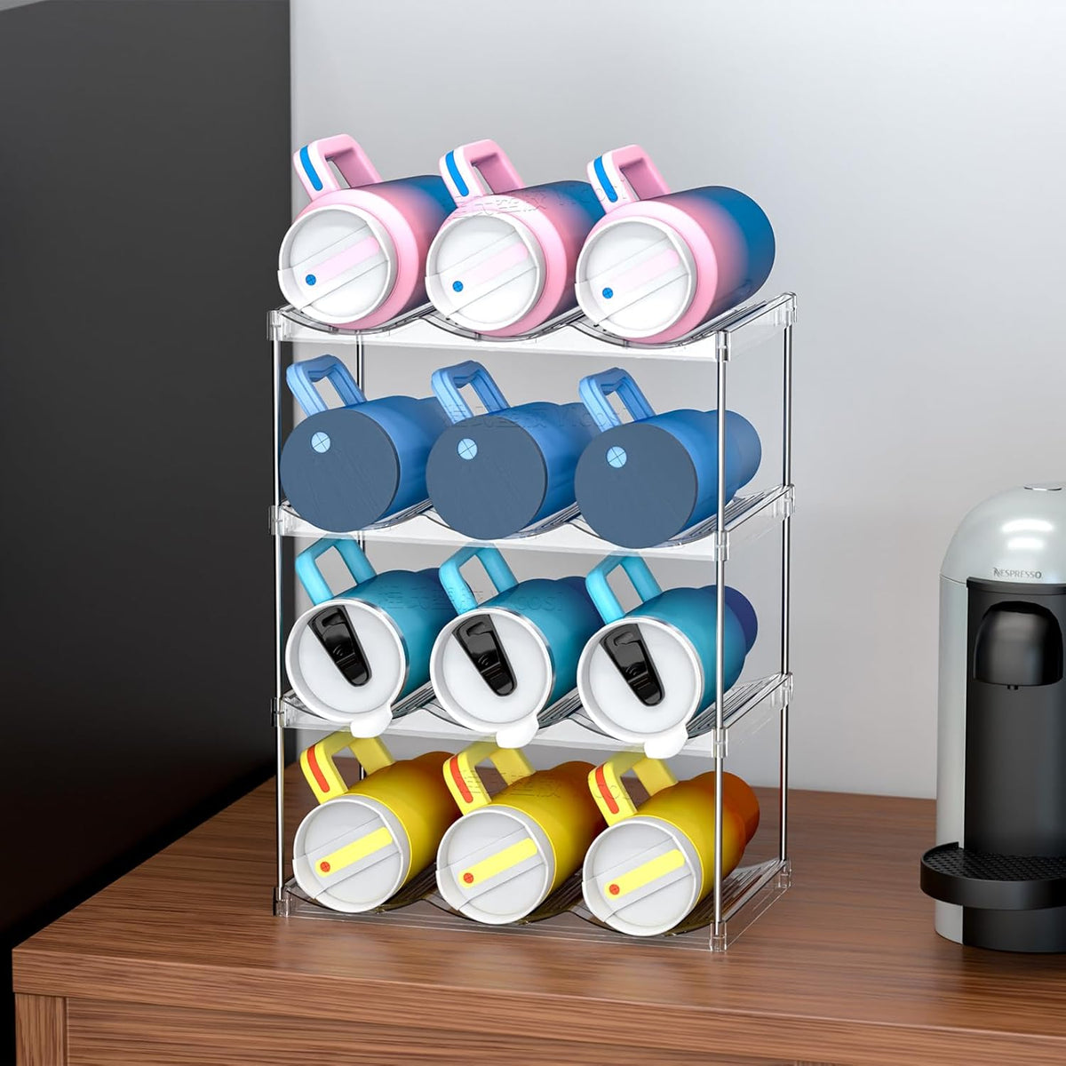 3 Tier Waterbottle Organizer for Cabinet - Large Compartment Stackable Water Bottle Holder and Wine Bottle Rack,Acrylic Water Bottle Organizer Rack for 40 oz Stanley Cup,Yeti and Tumbler Shelf