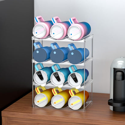 3 Tier Waterbottle Organizer for Cabinet - Large Compartment Stackable Water Bottle Holder and Wine Bottle Rack,Acrylic Water Bottle Organizer Rack for 40 oz Stanley Cup,Yeti and Tumbler Shelf