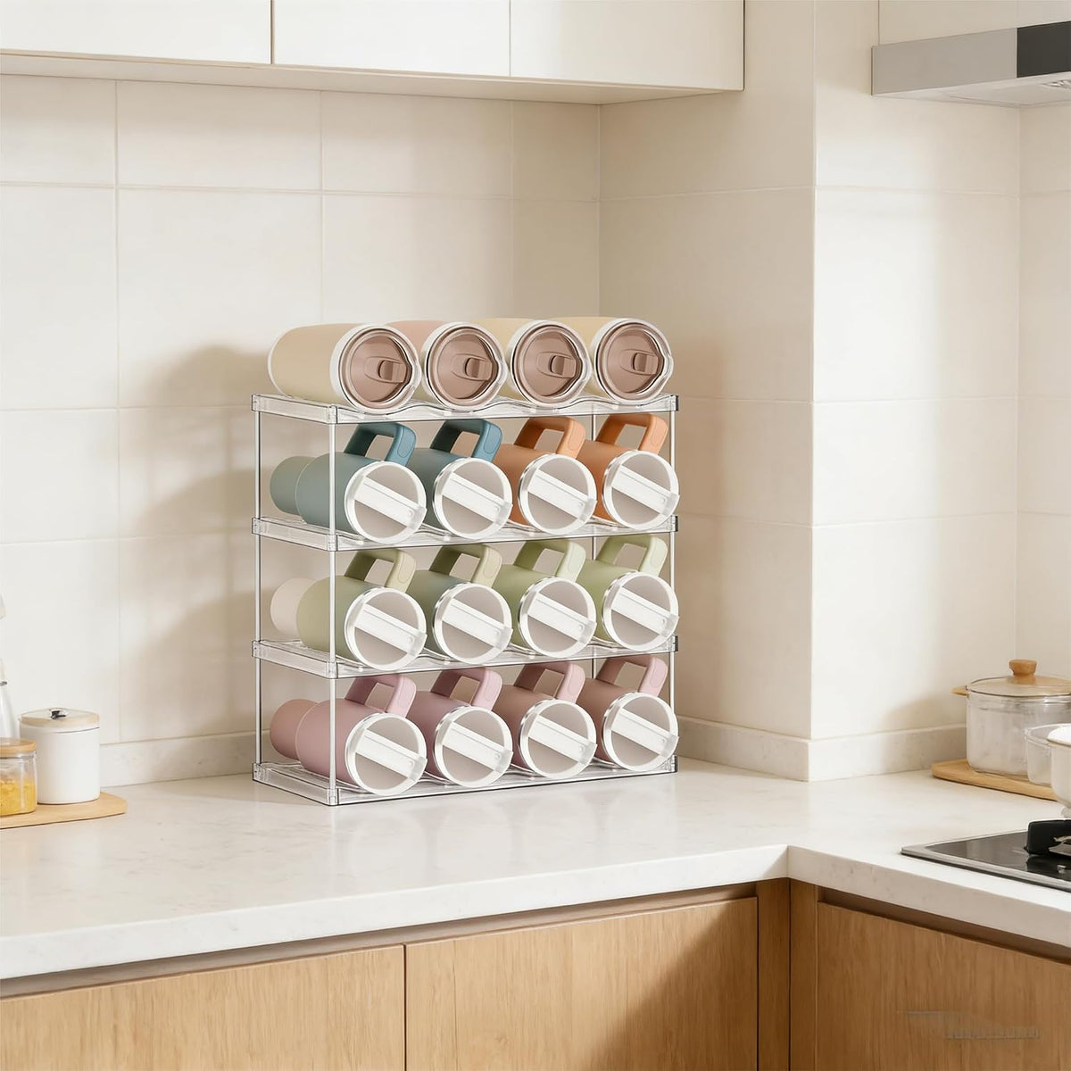 3 Tier Waterbottle Organizer for Cabinet - Large Compartment Stackable Water Bottle Holder and Wine Bottle Rack,Acrylic Water Bottle Organizer Rack for 40 oz Stanley Cup,Yeti and Tumbler Shelf