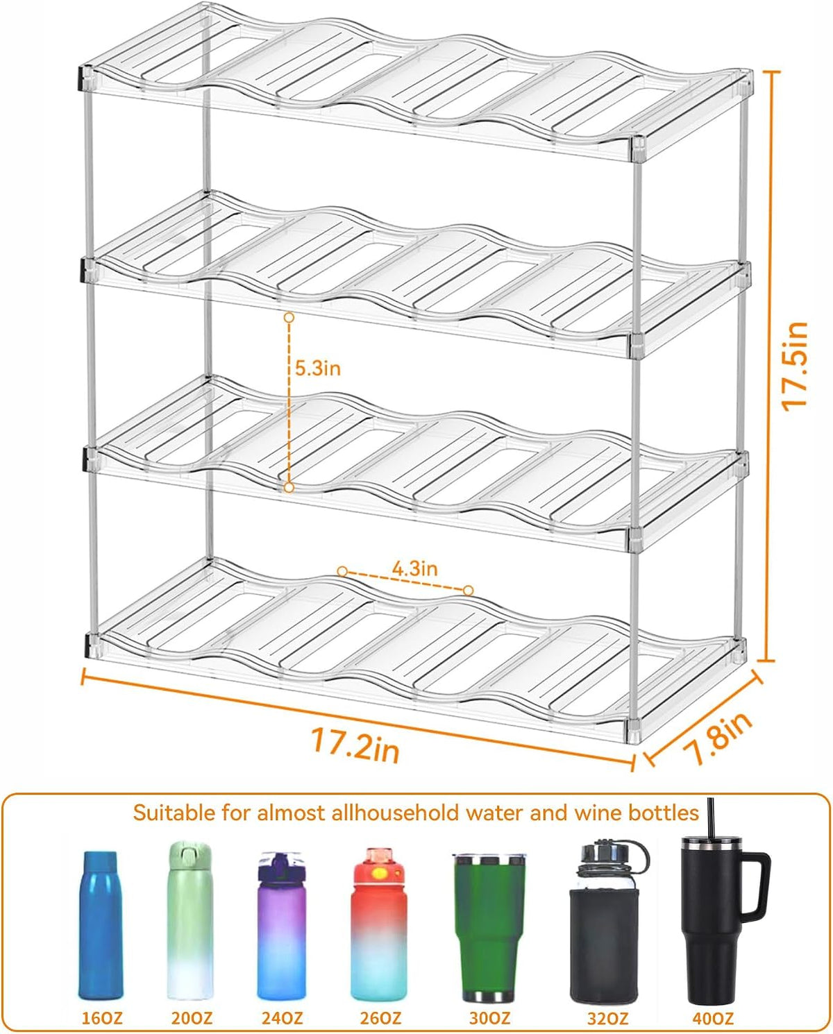 3 Tier Waterbottle Organizer for Cabinet - Large Compartment Stackable Water Bottle Holder and Wine Bottle Rack,Acrylic Water Bottle Organizer Rack for 40 oz Stanley Cup,Yeti and Tumbler Shelf
