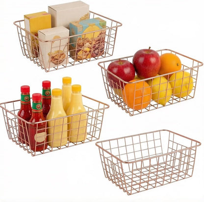 4 Pack Metal Wire Storage Baskets, Rose Gold Wire Baskets with Handles, Pantry Organizer Storage Bins for Kitchen, Freezer, Closet, Laundry Room, Cabinets
