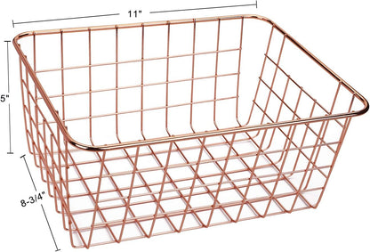 4 Pack Metal Wire Storage Baskets, Rose Gold Wire Baskets with Handles, Pantry Organizer Storage Bins for Kitchen, Freezer, Closet, Laundry Room, Cabinets