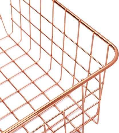 4 Pack Metal Wire Storage Baskets, Rose Gold Wire Baskets with Handles, Pantry Organizer Storage Bins for Kitchen, Freezer, Closet, Laundry Room, Cabinets