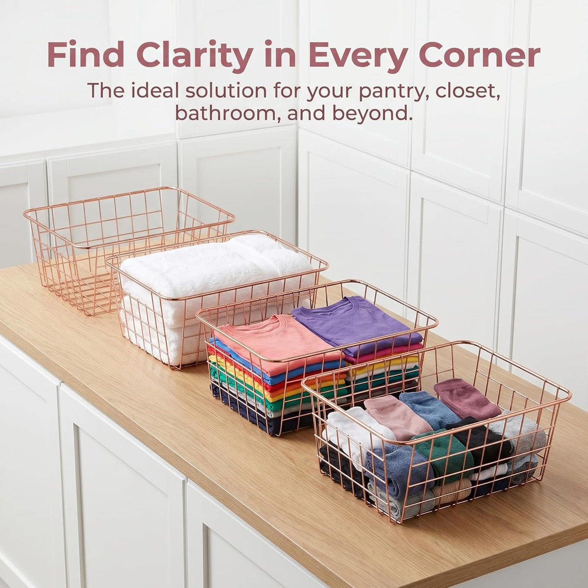 4 Pack Metal Wire Storage Baskets, Rose Gold Wire Baskets with Handles, Pantry Organizer Storage Bins for Kitchen, Freezer, Closet, Laundry Room, Cabinets