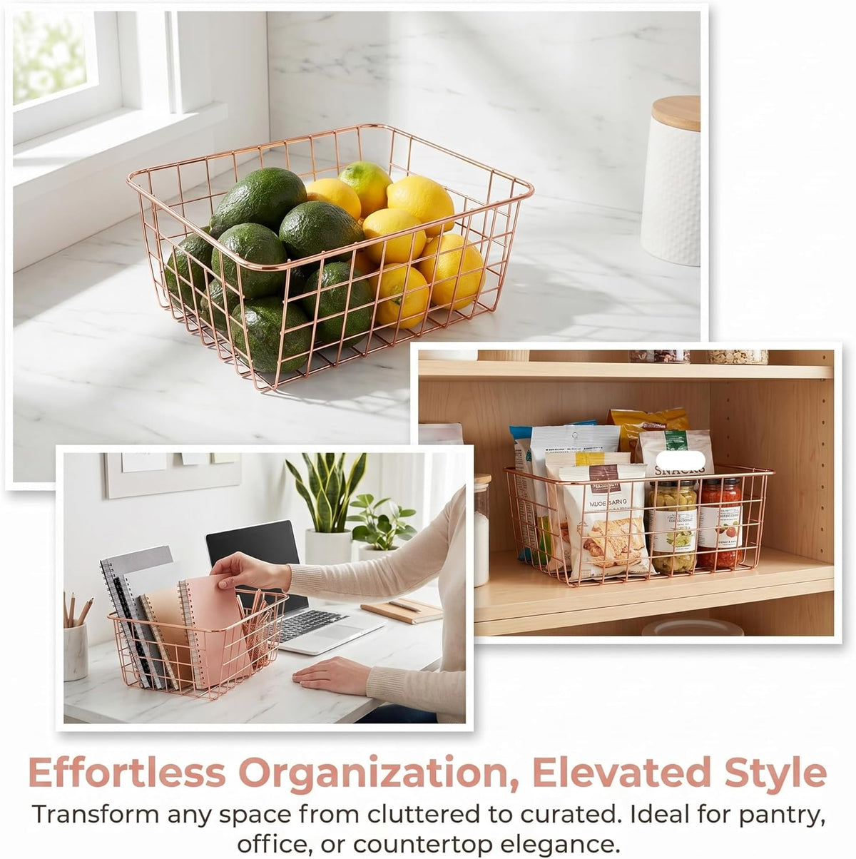 4 Pack Metal Wire Storage Baskets, Rose Gold Wire Baskets with Handles, Pantry Organizer Storage Bins for Kitchen, Freezer, Closet, Laundry Room, Cabinets