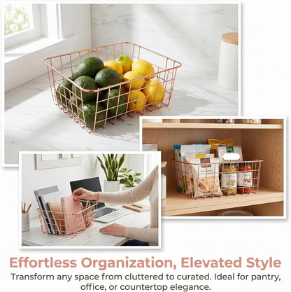 4 Pack Metal Wire Storage Baskets, Rose Gold Wire Baskets with Handles, Pantry Organizer Storage Bins for Kitchen, Freezer, Closet, Laundry Room, Cabinets