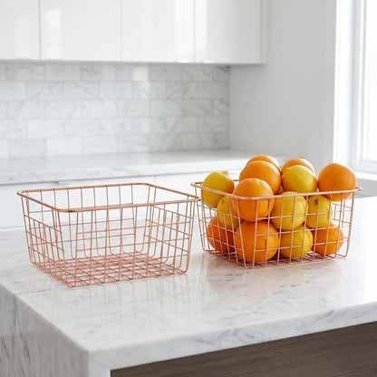 4 Pack Metal Wire Storage Baskets, Rose Gold Wire Baskets with Handles, Pantry Organizer Storage Bins for Kitchen, Freezer, Closet, Laundry Room, Cabinets