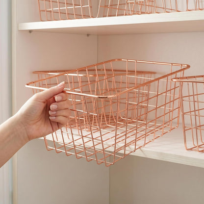 4 Pack Metal Wire Storage Baskets, Rose Gold Wire Baskets with Handles, Pantry Organizer Storage Bins for Kitchen, Freezer, Closet, Laundry Room, Cabinets