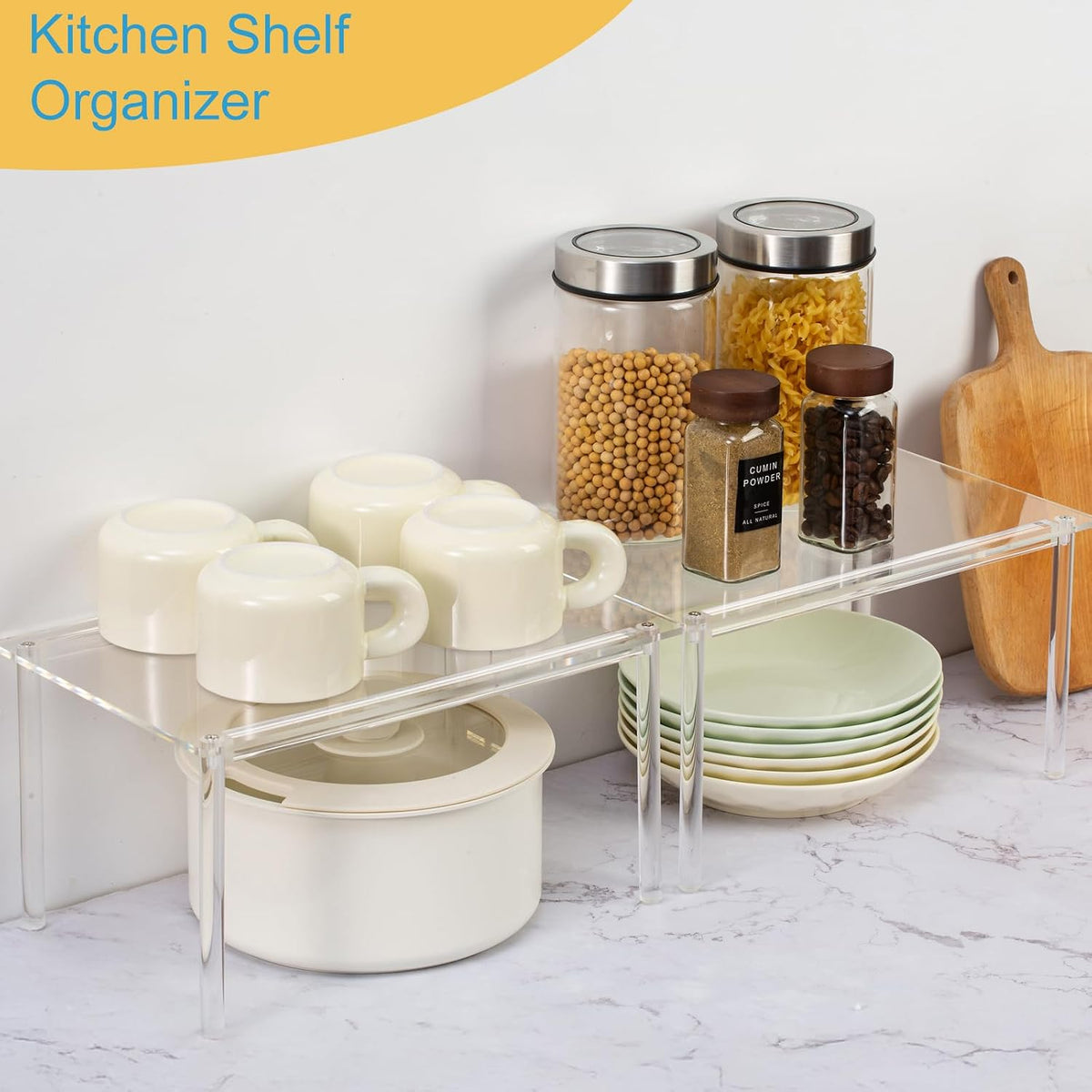 1 Pack Acrylic Cabinet Organizer, Kitchen Countertop Counter Organizer, Clear Spice Rack, Shelf Risers Cabinets for Bathroom, Desk, Dresser Cupboard Organizers and Storage