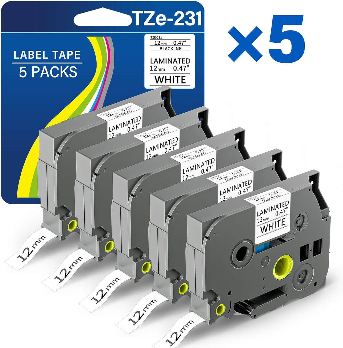 TZE-231 Label Maker Tape 12mm 0.47 Laminated Black on White 1/2" x 8m Replacement for Ptouch TZ TZE TZE231 Label Tape Cassette for PT-D220 PTD220 D220 PT-D210 PTD210 PT-H110 PT-D200 PT-D410 (5 Packs)