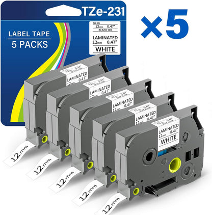 TZE-231 Label Maker Tape 12mm 0.47 Laminated Black on White 1/2" x 8m Replacement for Ptouch TZ TZE TZE231 Label Tape Cassette for PT-D220 PTD220 D220 PT-D210 PTD210 PT-H110 PT-D200 PT-D410 (5 Packs)