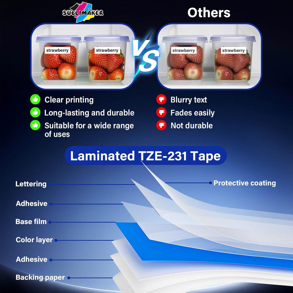 TZE-231 Label Maker Tape 12mm 0.47 Laminated Black on White 1/2" x 8m Replacement for Ptouch TZ TZE TZE231 Label Tape Cassette for PT-D220 PTD220 D220 PT-D210 PTD210 PT-H110 PT-D200 PT-D410 (5 Packs)
