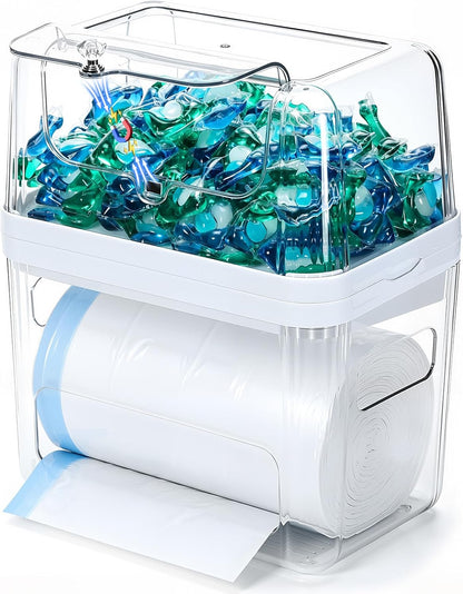 Trash Bag Dispenser & Dishwasher Pod Holder, 3-in-1 Trash Bag Holder Laundry Pods Container with Moisture-Proof Lid, Acrylic Garbage Bag Dispenser for Under Sink Organizer Laundry Room Organization