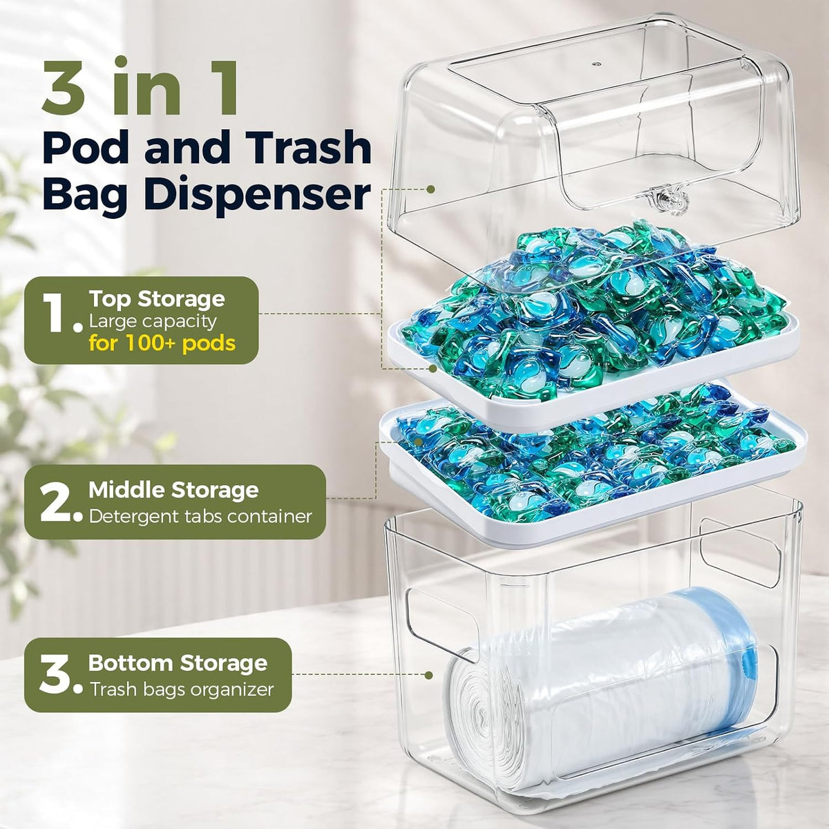 Trash Bag Dispenser & Dishwasher Pod Holder, 3-in-1 Trash Bag Holder Laundry Pods Container with Moisture-Proof Lid, Acrylic Garbage Bag Dispenser for Under Sink Organizer Laundry Room Organization