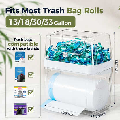 Trash Bag Dispenser & Dishwasher Pod Holder, 3-in-1 Trash Bag Holder Laundry Pods Container with Moisture-Proof Lid, Acrylic Garbage Bag Dispenser for Under Sink Organizer Laundry Room Organization