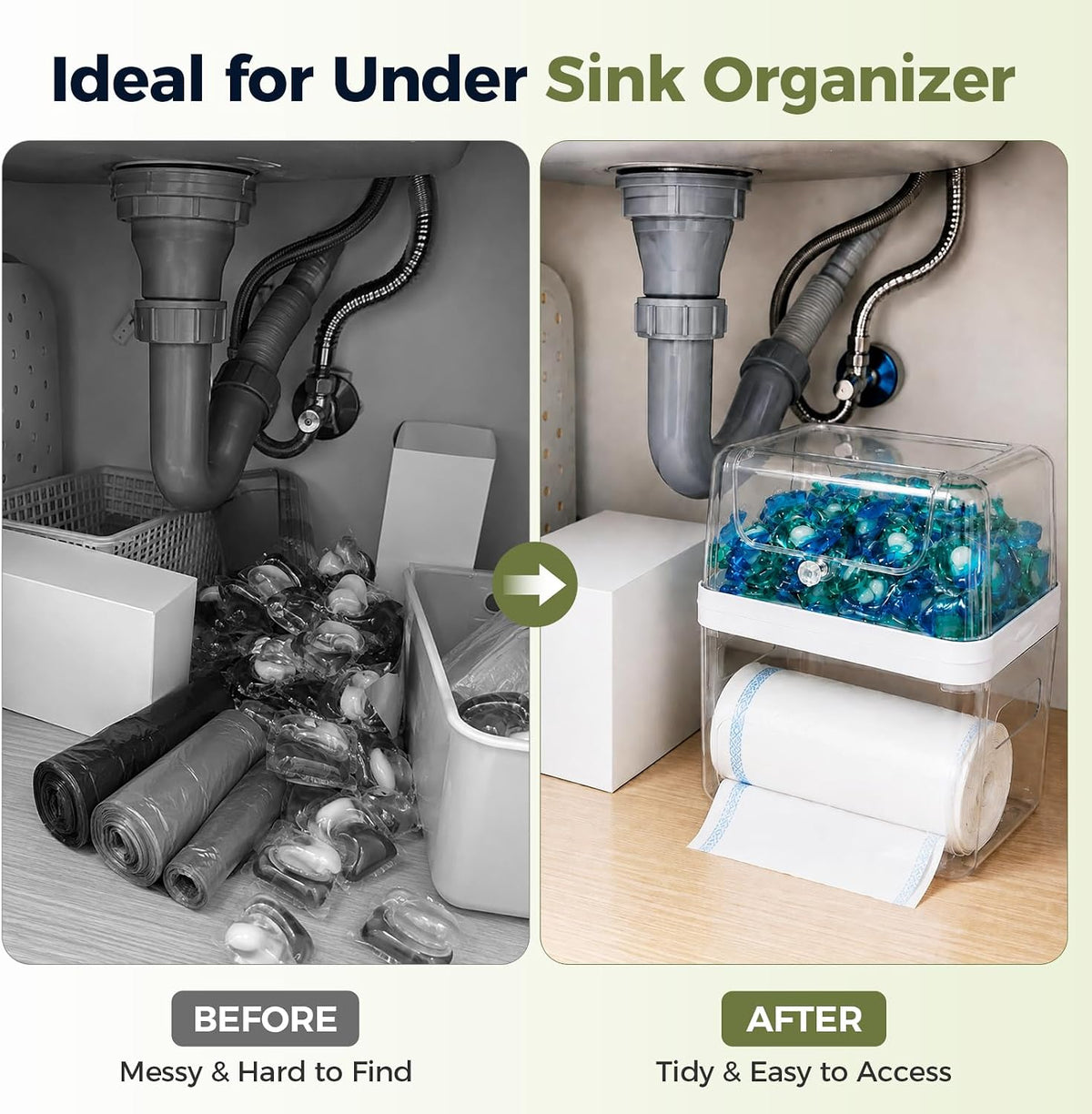Trash Bag Dispenser & Dishwasher Pod Holder, 3-in-1 Trash Bag Holder Laundry Pods Container with Moisture-Proof Lid, Acrylic Garbage Bag Dispenser for Under Sink Organizer Laundry Room Organization