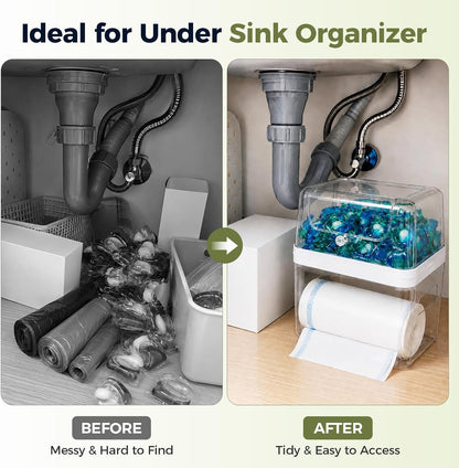 Trash Bag Dispenser & Dishwasher Pod Holder, 3-in-1 Trash Bag Holder Laundry Pods Container with Moisture-Proof Lid, Acrylic Garbage Bag Dispenser for Under Sink Organizer Laundry Room Organization