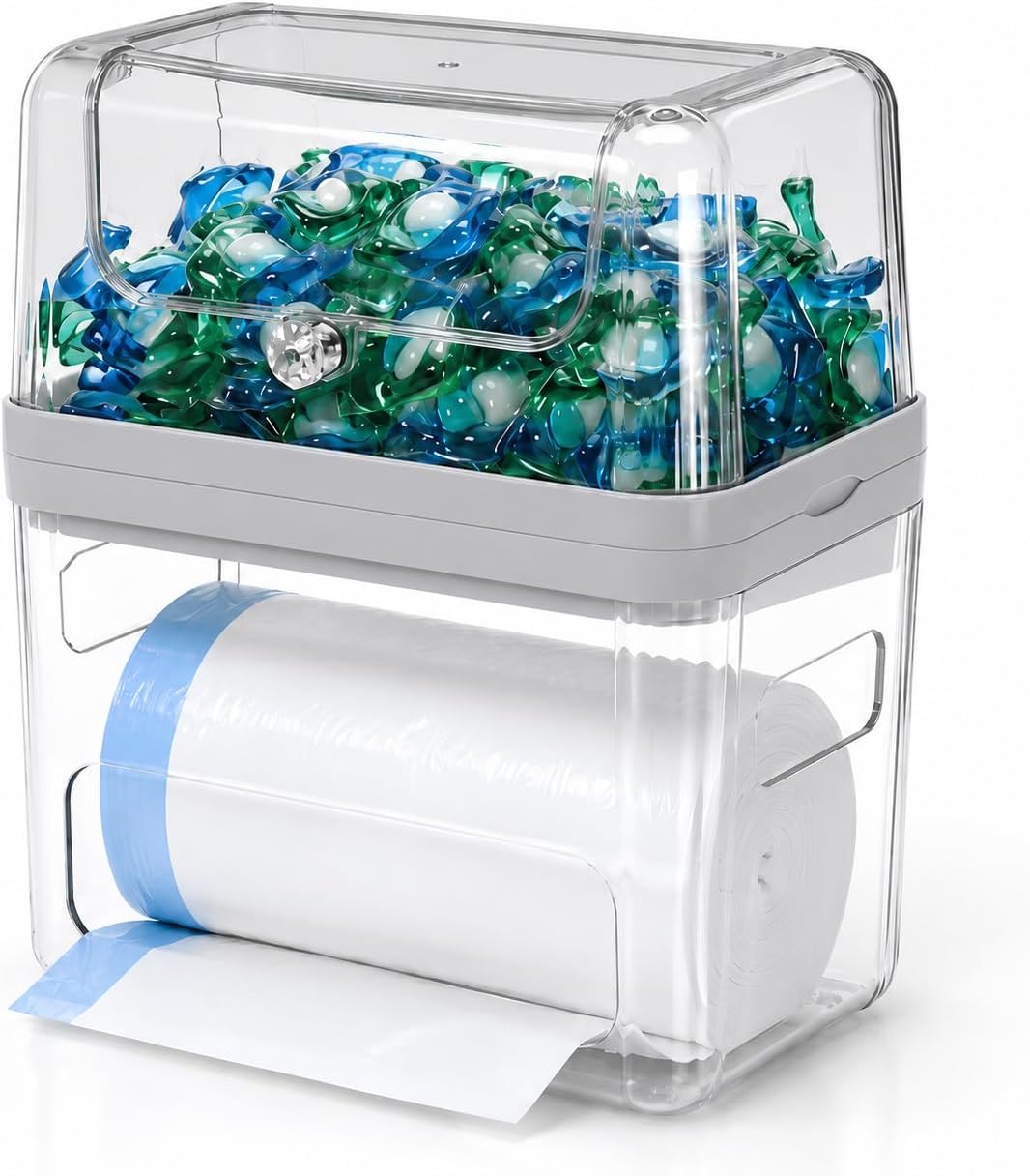 Trash Bag Dispenser & Dishwasher Pod Holder, 3-in-1 Trash Bag Holder Laundry Pods Container with Moisture-Proof Lid, Acrylic Garbage Bag Dispenser for Under Sink Organizer Laundry Room Organization