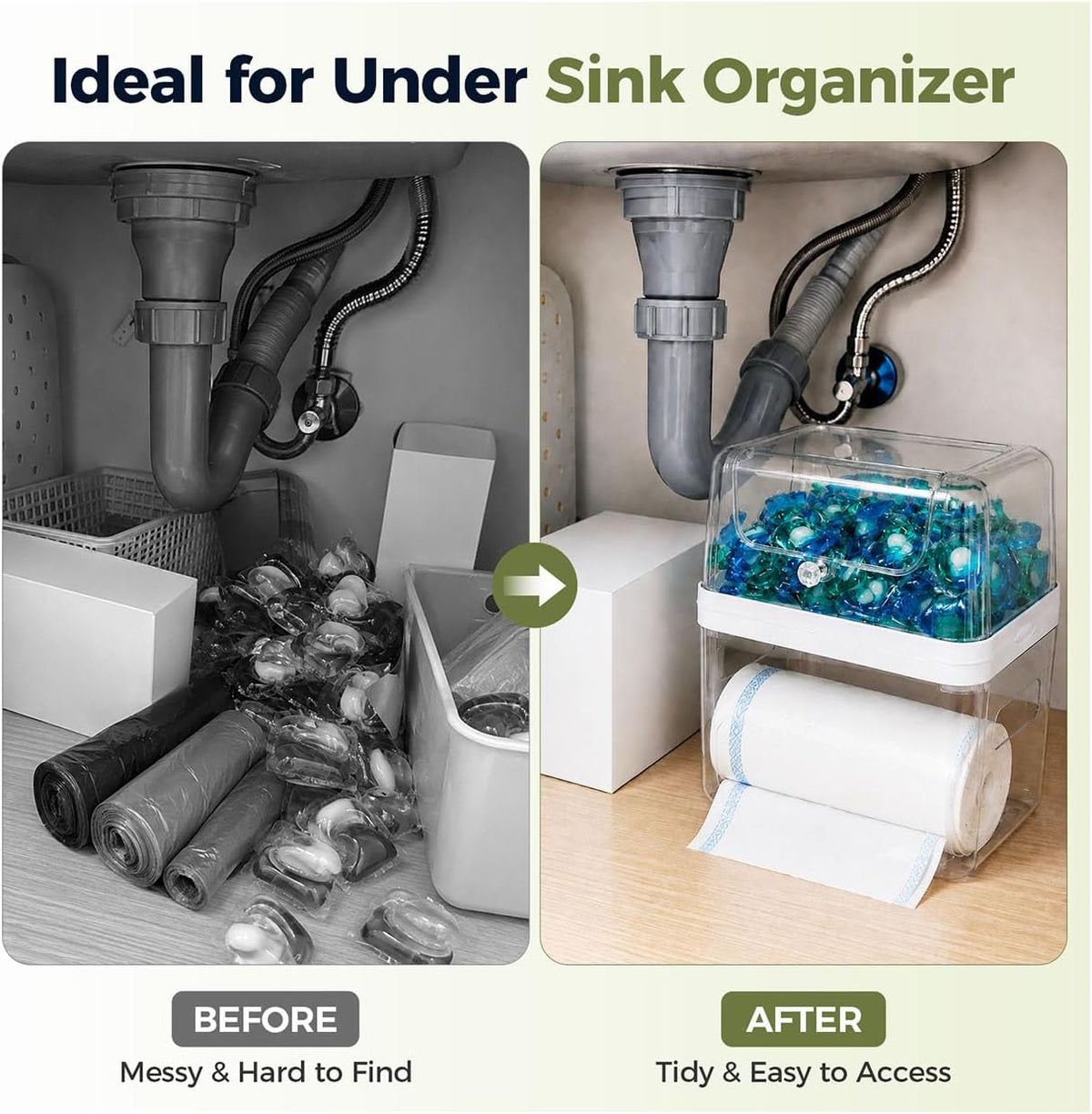 Trash Bag Dispenser & Dishwasher Pod Holder, 3-in-1 Trash Bag Holder Laundry Pods Container with Moisture-Proof Lid, Acrylic Garbage Bag Dispenser for Under Sink Organizer Laundry Room Organization